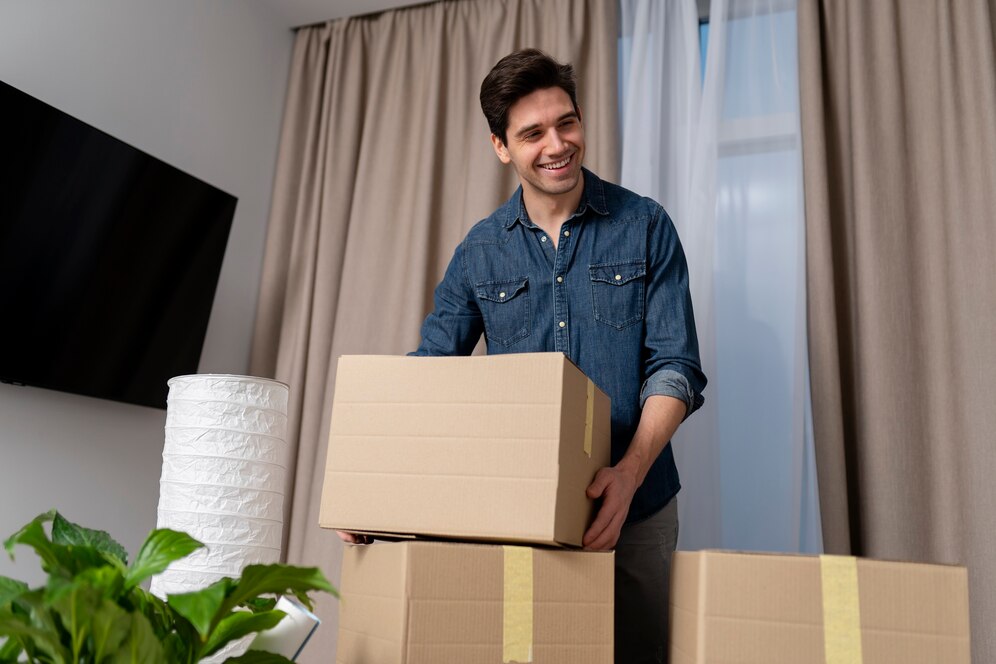 Man unpacking belongings after moving into a new home