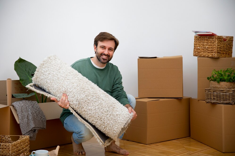 Young man moving boxes into a new home